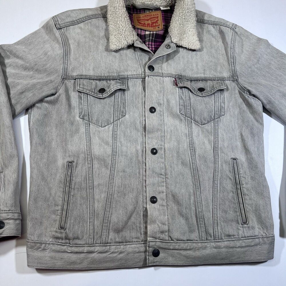 Levi's Flannel Lined Washed Gray Denim Trucker Jacket Sherpa Collar Women's Med - Picture 7 of 13
